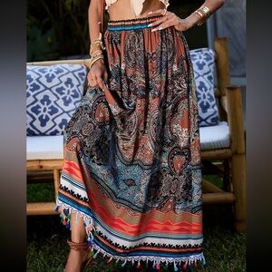 Paisley Print Tassel Trim Maxi Skirt